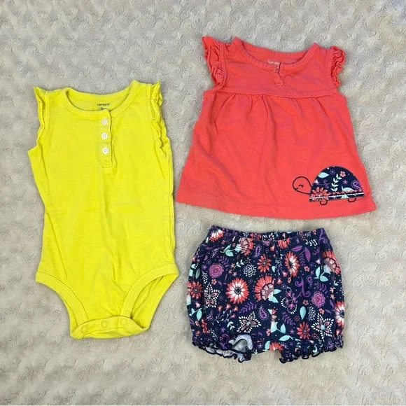 Baby Girl Bundle Carter’s Turtle Floral Outfit Sizes 6 & 9 Months Yellow - Picture 4 of 4